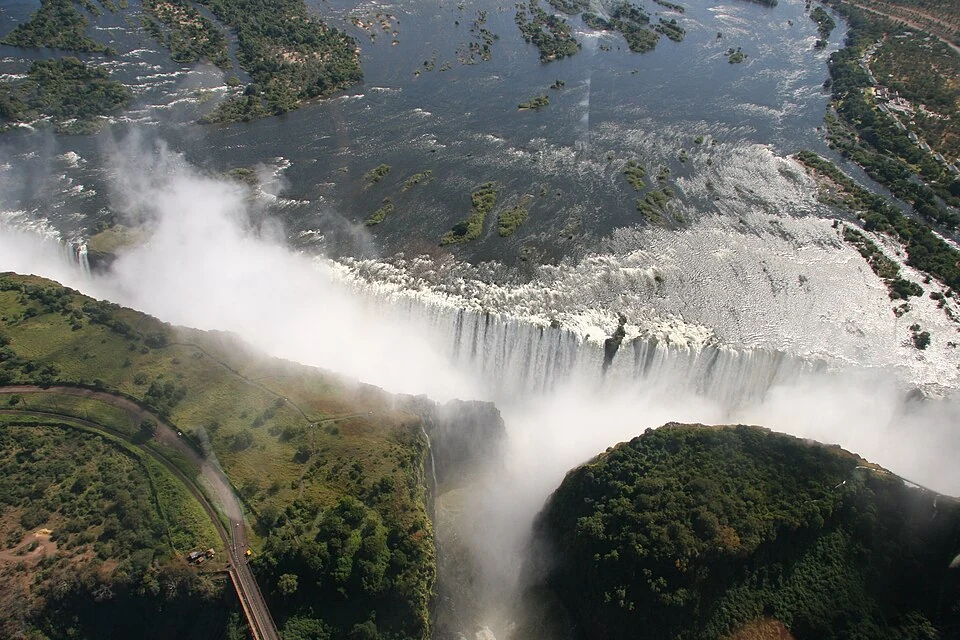 Aerial photograph of Victoria Falls and the Zambezi gorge, taken from a helicopter